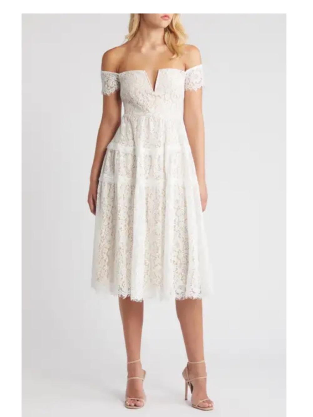 Off-Shoulder Lace Midi Dress in White
